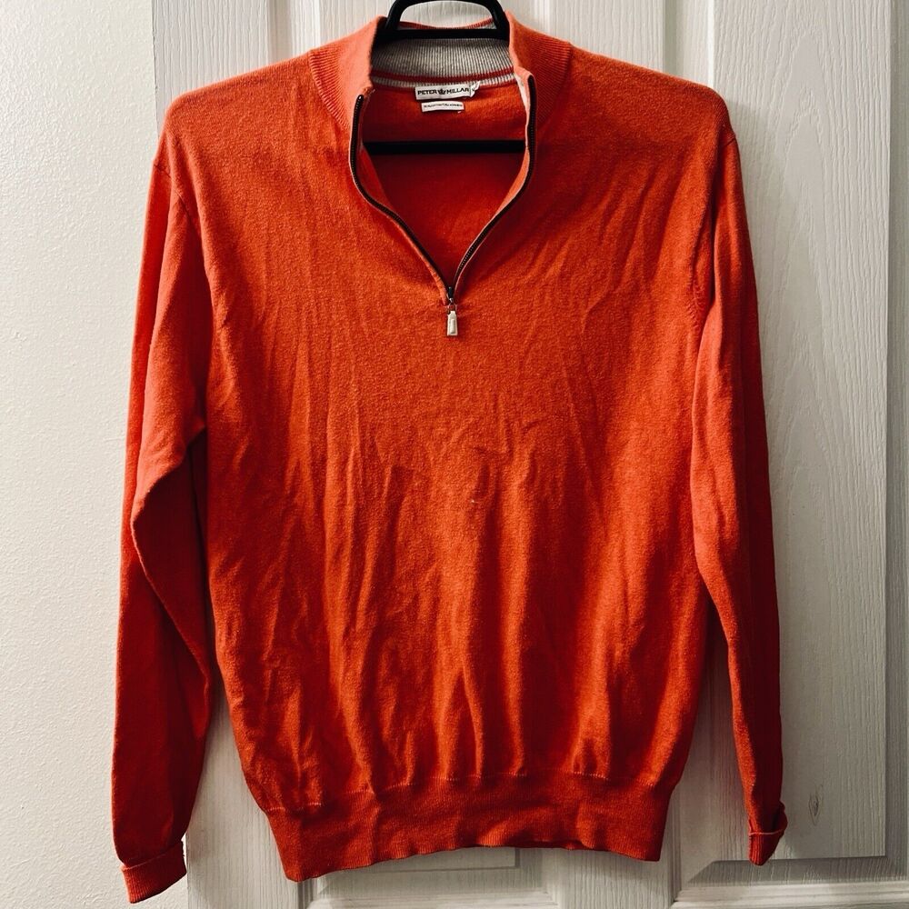 Peter Millar Sweater Men M Orange 1/4 Zip Cashmere Cotton‎ Pullover Golf Grandpa